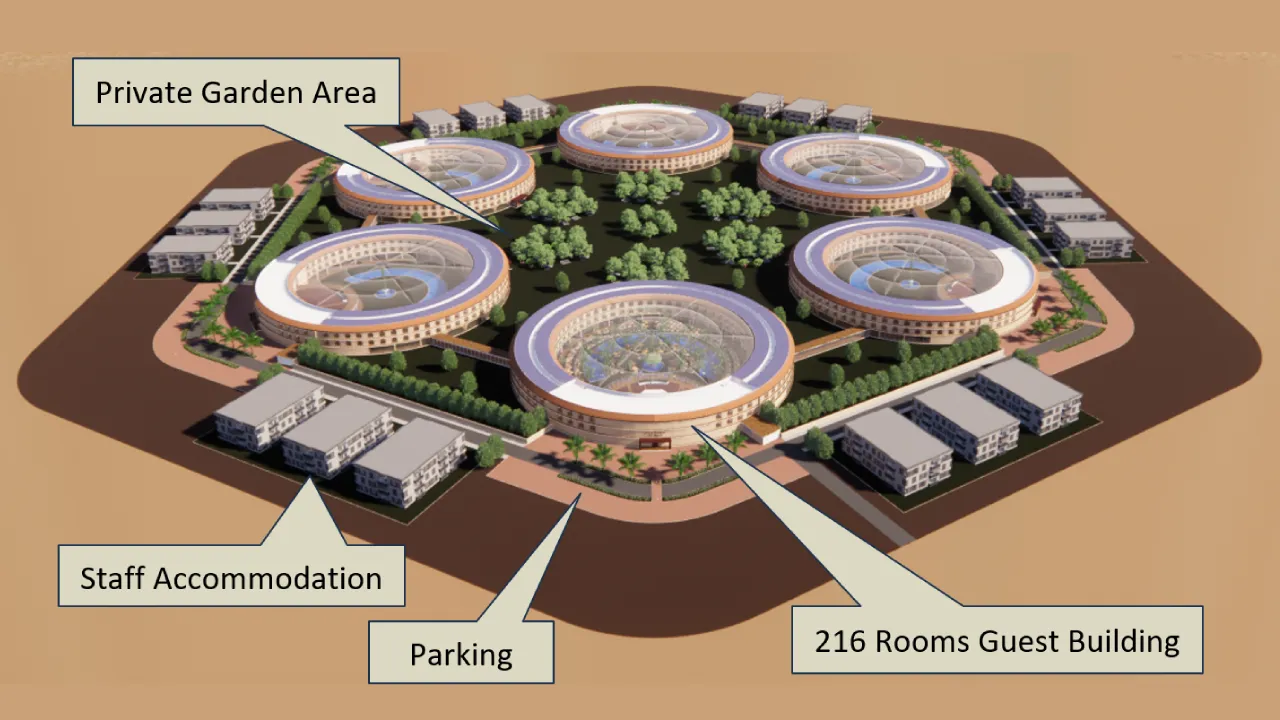 Conceptual masterplan showing six guest buildings, private garden areas, staff accommodation and parking
